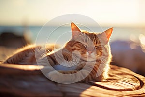 The cat is sunbathing on the beach. The long-awaited vacation. Cat resting on a sandy beach