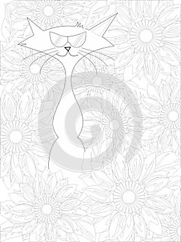 Cat in the sunflowers. Coloring.