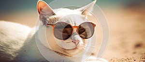 cat in sunglasses on the beach resting vacation resort . Travel promotion banner template Generative AI
