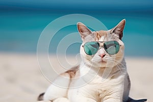 cat in sunglasses on the beach resting vacation resort . Travel promotion banner template Generative AI