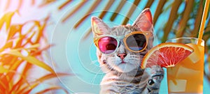 Cat in sunglasses with cocktail, tropical blurred backdrop. Stylish feline with soft drink. Banner. Copy space. Concept