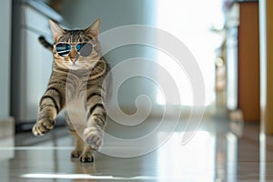 cat in sunglasses doing a moonwalk on a shiny floor