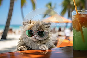 Cat in sunglasses enjoying beach vacation with cocktail - summer holiday concept