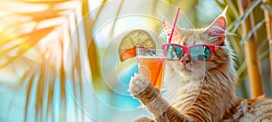 Cat in sunglasses, enjoying tropical cocktail on a sunny beach. Blurred background. Feline with soft drink. Banner