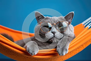 A cat in sunglasses enjoys relaxing in hammock. The kitten is on vacation, relax.