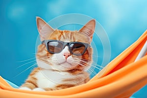 A cat in sunglasses enjoys relaxing in hammock. The kitten is on vacation, relax.