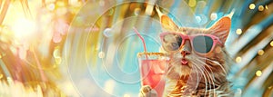 Cat in sunglasses holding cocktail, tropical blurred backdrop. Stylish feline with soft drink. Banner. Copy space
