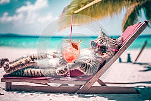Cat in sunglasses lying sunbathing on the beach
