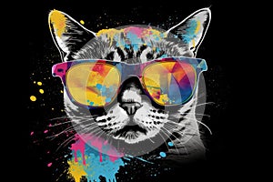 cat in sunglasses realistic with paint splatter abstract Generative AI