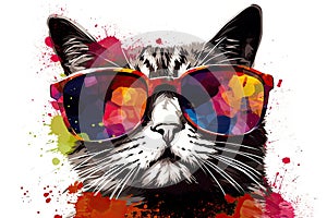 cat in sunglasses realistic with paint splatter abstract Generative AI