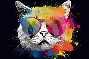 cat in sunglasses realistic with paint splatter abstract Generative AI