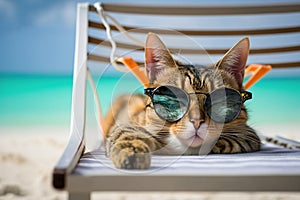 Cat in sunglasses resting on a sun lounger on the beach.