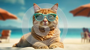 Cat in sunglasses sunbathing on the beach. Generative AI technology