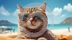 Cat in sunglasses sunbathing on the beach. Generative AI technology