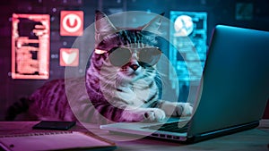 A cat with sunglasses types on a laptop in a hackerthemed settin. Concept Cat, Sunglasses, Laptop,