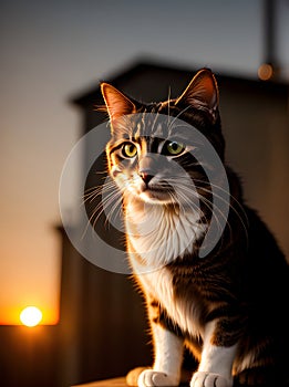 Cat in sunset wearing steampunk style.