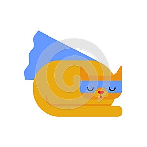 Cat superhero. Super pet In raincoat and mask. Superpowers Kitty. Cartoon style vector