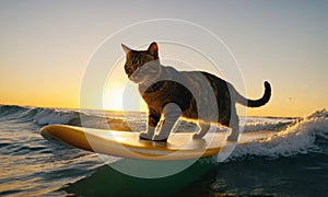 Tabby cat standing on a surfboard in the ocean