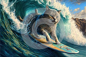 Cat surfing in hawaii like a pro surger illustration generative ai
