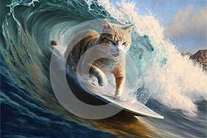 Cat surfing in hawaii like a pro surger illustration generative ai