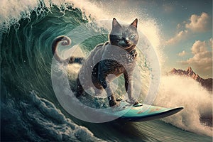 Cat surfing in hawaii like a pro surger illustration generative ai