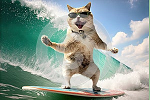 Cat surfing in hawaii like a pro surger illustration generative ai