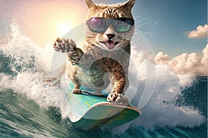 Cat surfing in hawaii like a pro surger illustration generative ai