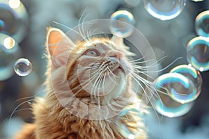 Cat surrounded by soap bubbles. Kitten playing with soap bubbles. Generative AI