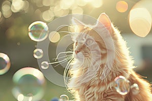 Cat surrounded by soap bubbles. Kitten playing with soap bubbles. Generative AI