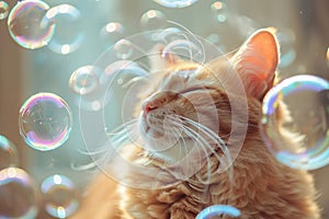 Cat surrounded by soap bubbles. Kitten playing with soap bubbles. Generative AI