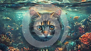 A cat is swimming underwater in a sea of fish and coral, AI