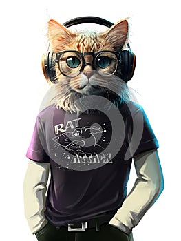 Cat in a t-shirt, headphones, and glasses