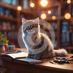 cat on table in office setting with books, paperwork and smartphone