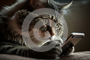 A cat on a table playing with a cell phone, AI Generated