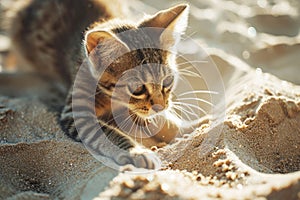 Cat is taking a rest on the sand beach. Generative AI