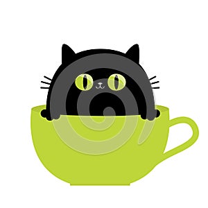 Cat in tea coffee cup. Big green eyes, paw hands. Black silhouette. Cute cartoon funny character. Moustaches. Baby pet animal