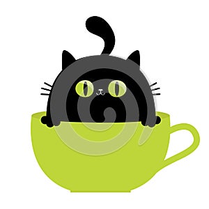 Cat in tea coffee cup. Big green eyes, paw hands, tail. Black silhouette. Cute cartoon funny character. Baby pet animal collection