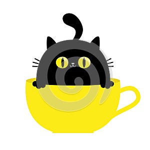 Cat in tea coffee cup. Big yellow eyes, paw hands, tail. Black silhouette. Cute cartoon funny character. Baby pet animal