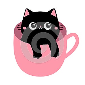 Cat in tea coffee cup. Eyes, paws hand. Black kitten with pink ears, cheeks. Cute cartoon funny character. Baby pet animal