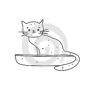 Cat in a toilet. Hand drawn doodle style. Vector illustration isolated on white. Coloring page.