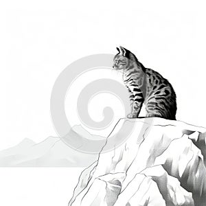 Cat On Top Of Glacier: Black And White Realism Illustration