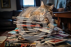 cat toppling a stack of magazines on a coffee table