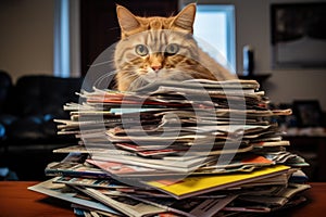 cat toppling a stack of magazines on a coffee table