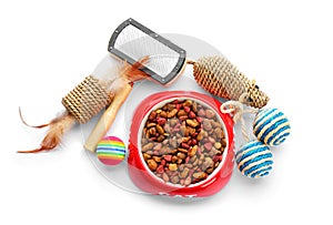 Cat toys and accessories on white background