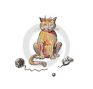 A cat with toys and mouse. Hand drawing on white background. Cartoon style