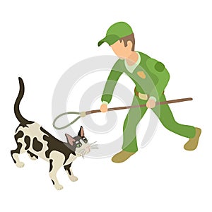 Cat trapping icon isometric vector. Man with noose for trapping domestic animal
