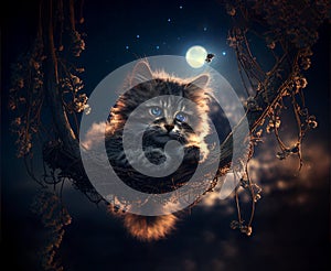 Cat on tree feeling relaxed. at the midnight. She sees something. Sky with moon and stars behind the cat