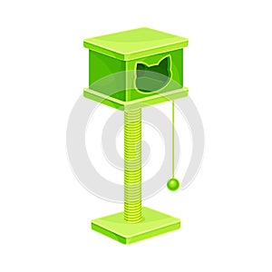Cat tree house with scratching post and hanging ball. Comfortable pet animal shelter vector illustration