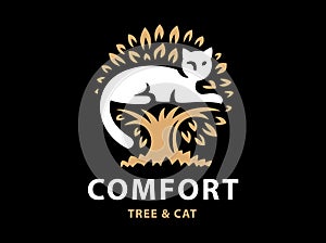 Cat and tree logo design on black background