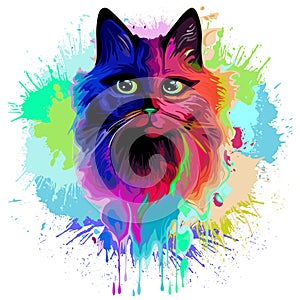 Cat Trippy Psychedelic Pop Art Design on Paint Splatters Background Vector Illustration isolated on white.